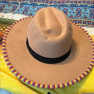 Wide-Brim Felt Fedora Hat with Colorful Trim
